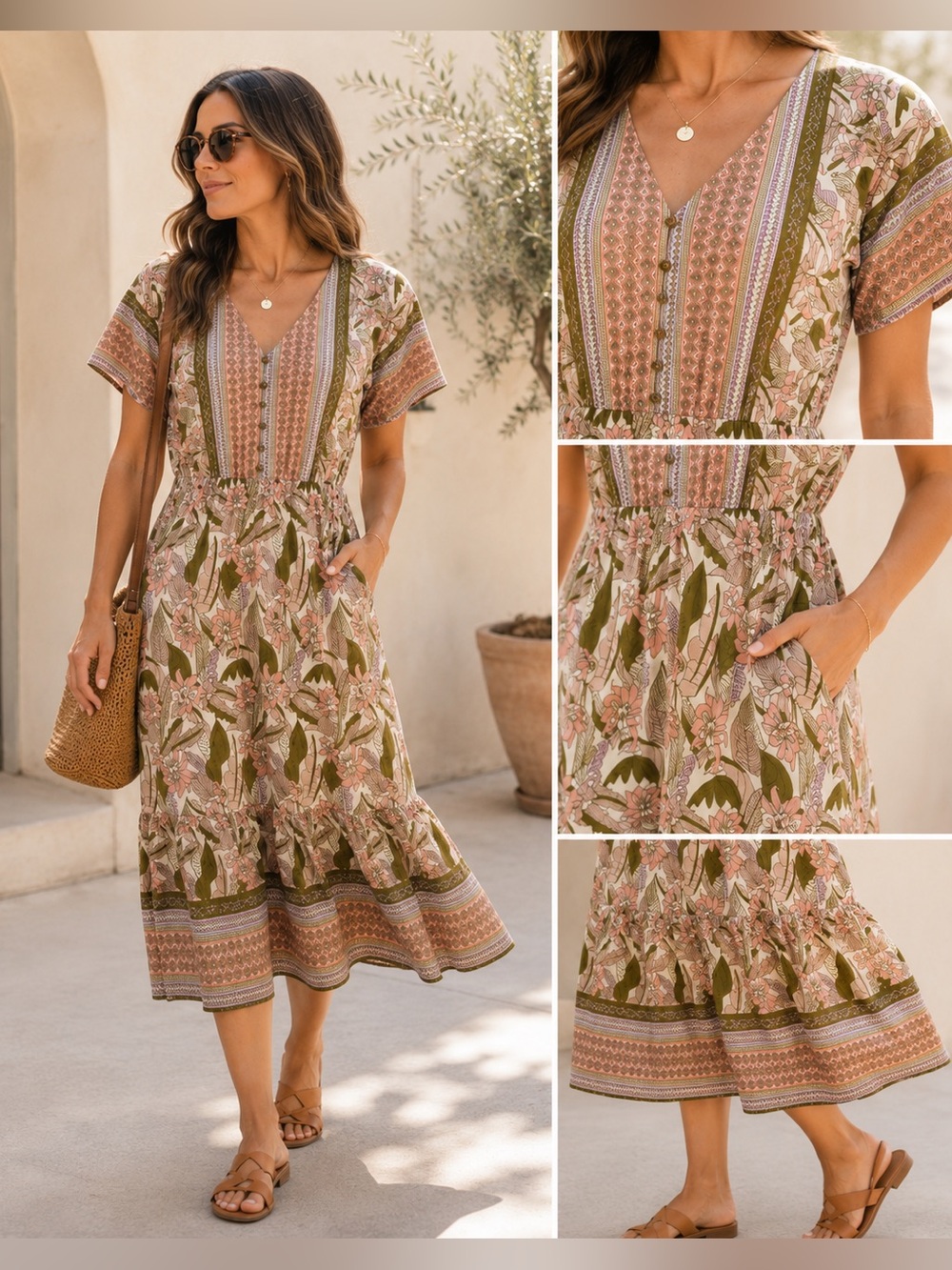 Boho Floral V-Neck Midi Dress in Olive & Pink